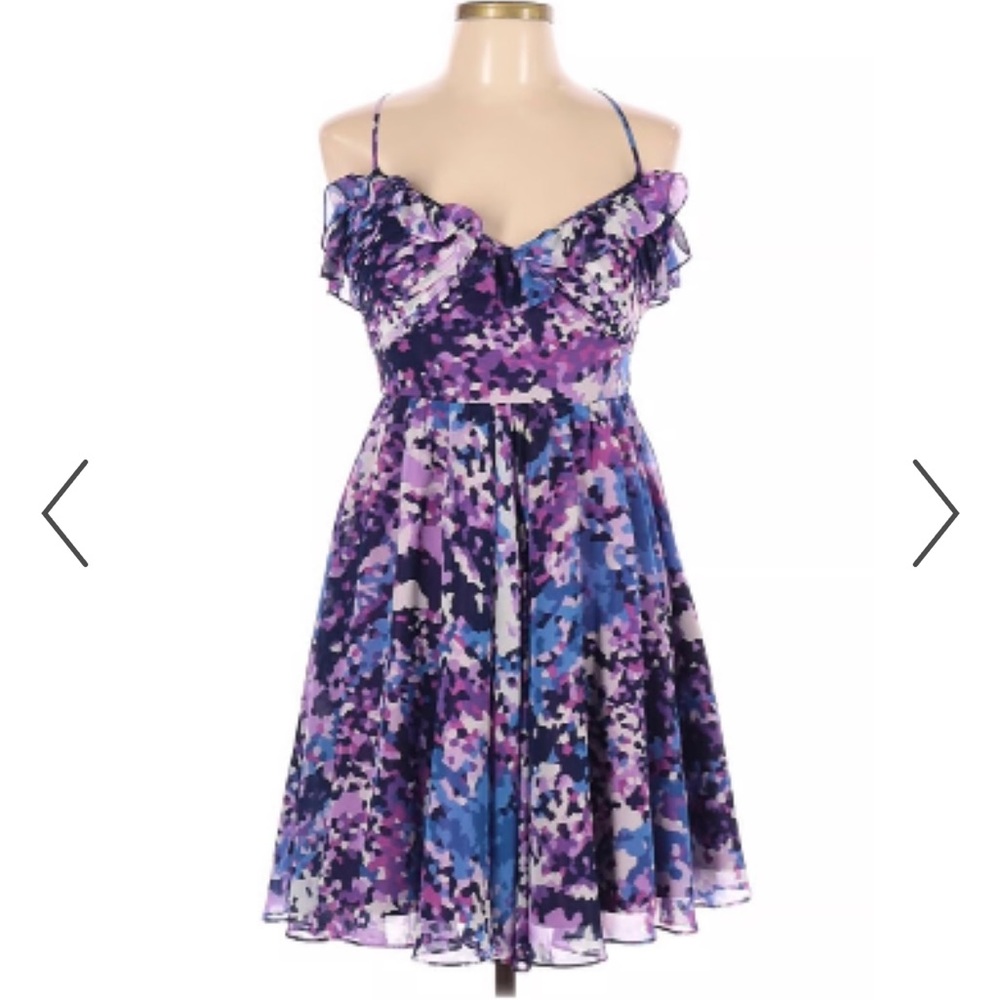 NWOT Laundry by Design Purple Chiffon Ruffled Sweetheart Floral Mini Dress